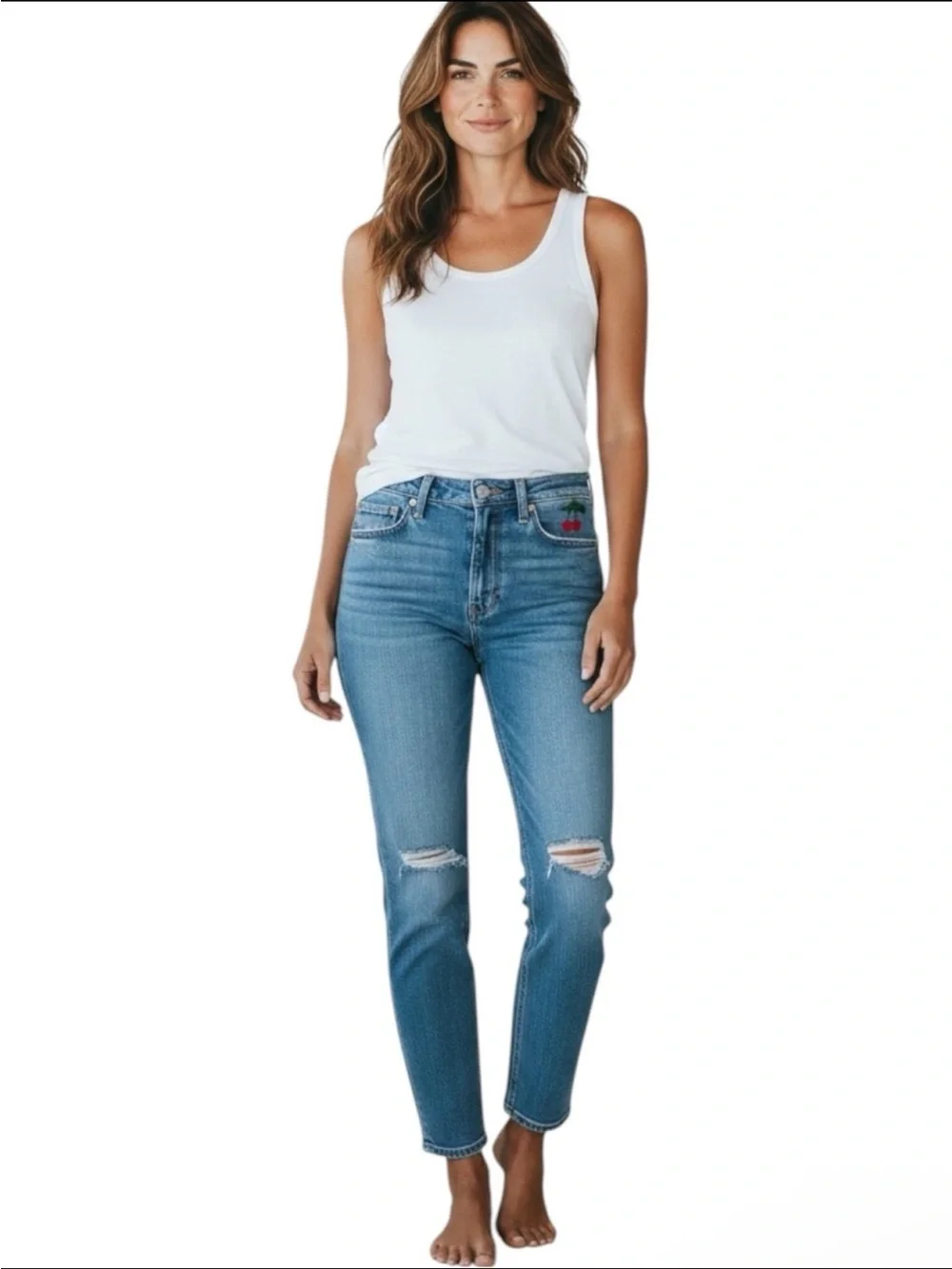 LEVI'S 501 High-Rise Distressed Straight-Leg Jeans Size 10 -- EMBROIDERED CHERRY